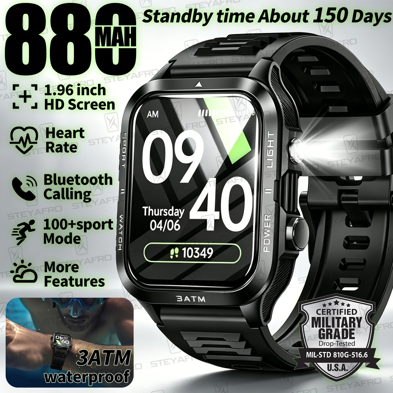 Smartwatch Health Watches For Men - Military Grade SmartWatch Men LED Flashlight